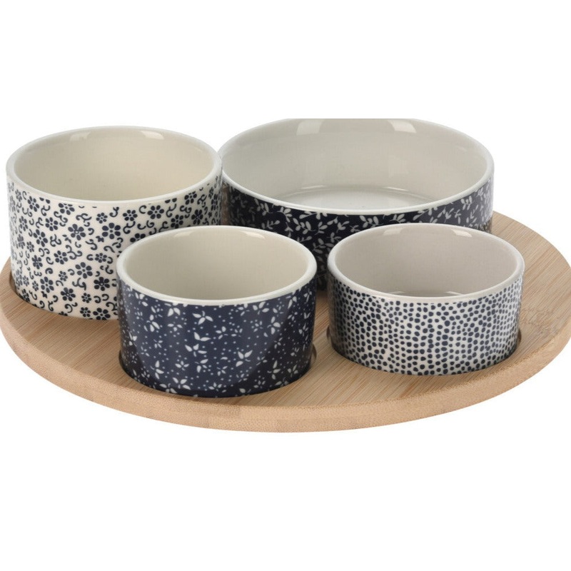 Ceramic Serving Set In Acacia Tray