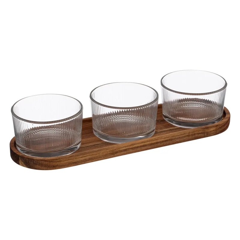 4 Piece Acacia & Glass Appetiser Bowl Set