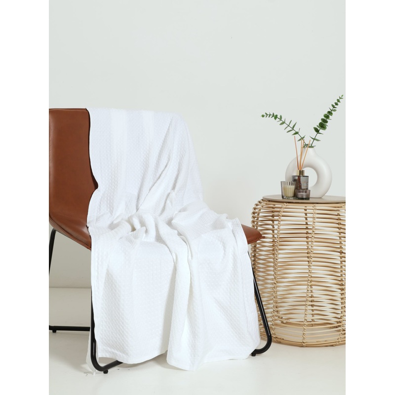 100% Cotton Waffle Textured Throw - White