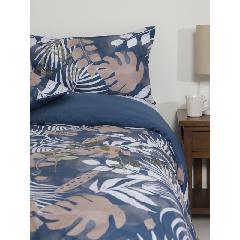 Printed Blue Tropical Leaves Embroidered Duvet
