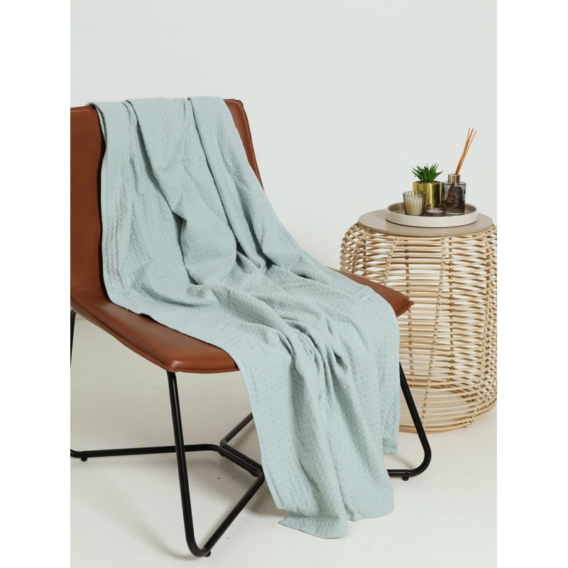 100% Cotton Waffle Textured Throw - Duck Egg