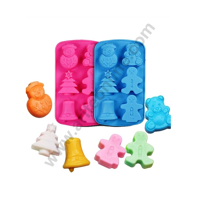 Cake Decor 6 Cavity 3D Christmas Teddy Santa Tree Bell Ring Snow Man, Silicon Moulds Muffin Mould