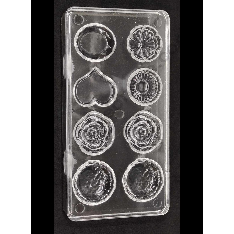 Cake Decor 8 Cavity Heart Round Rose Mix Shape Small Polycarbonate Chocolate Mould