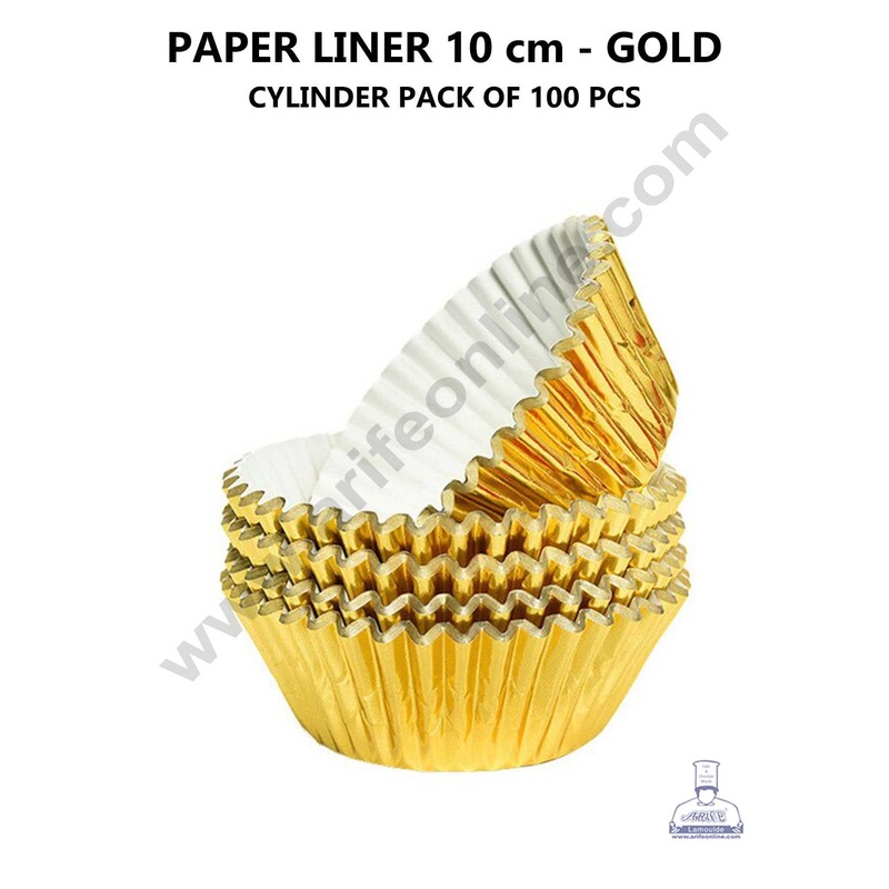 CAKE DECOR Gold Paper Liner For Cupcake and Muffins - Cylinder Pack 100 Pcs - 10 cm
