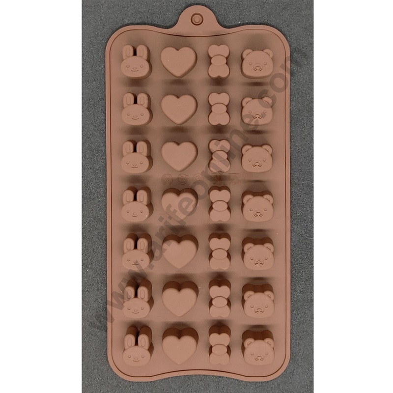 Cake Decor Silicon 28 Cavity Heart Bow Teddy Design Brown Chocolate Mould, Ice Mould, Chocolate Decorating Mould