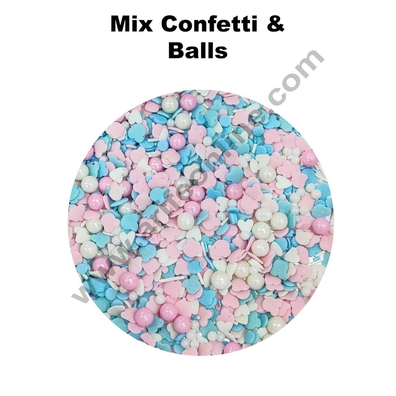 Cake Decor Sugar Candy - Mix Confetti and Balls Pink Blue White