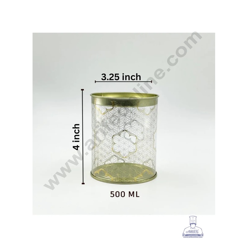 1 Piece Gold Printed Transparent Plastic Containers with Golden Lids - 500ml - CAKE DECOR