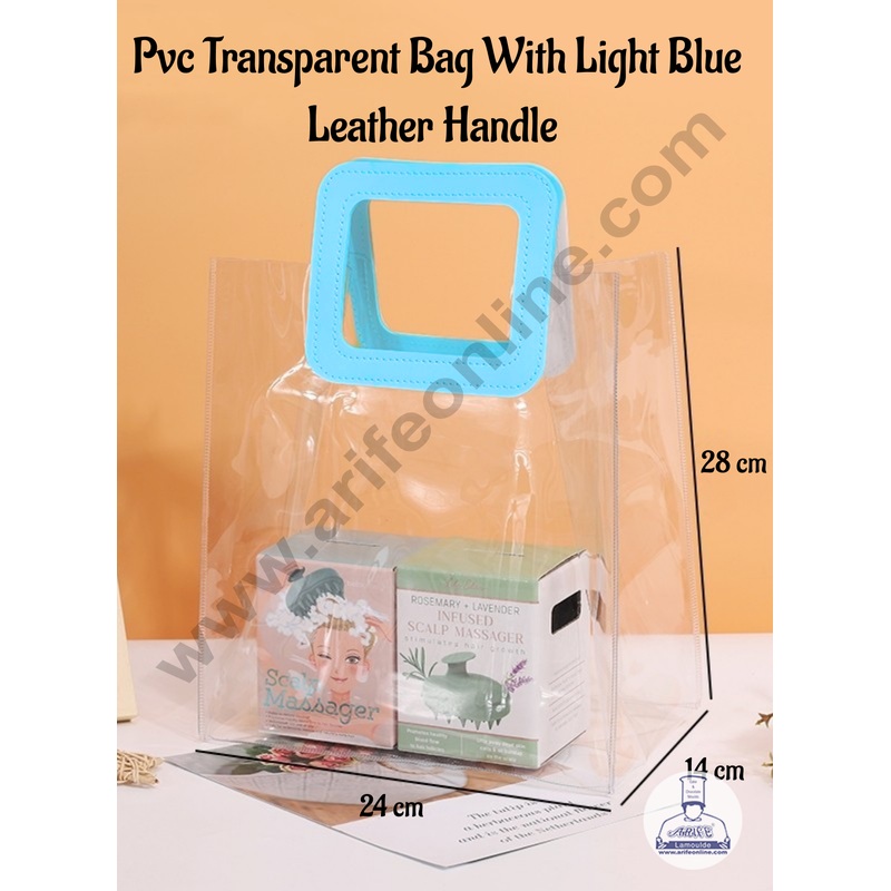 1 Piece Transparent Bag with Blue Leather Handle (24 X 28 X 13 cm) | Gift Box | Gift Bag with Handle - CAKE DECOR