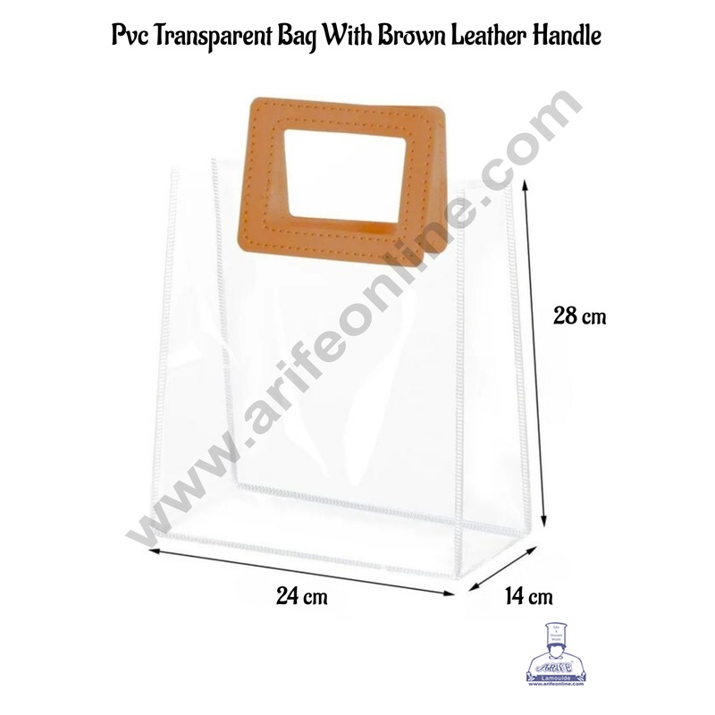 1 Piece Transparent Bag with Brown Leather Handle (24 X 28 X 13 cm) | Gift Box | Gift Bag with Handle - CAKE DECOR