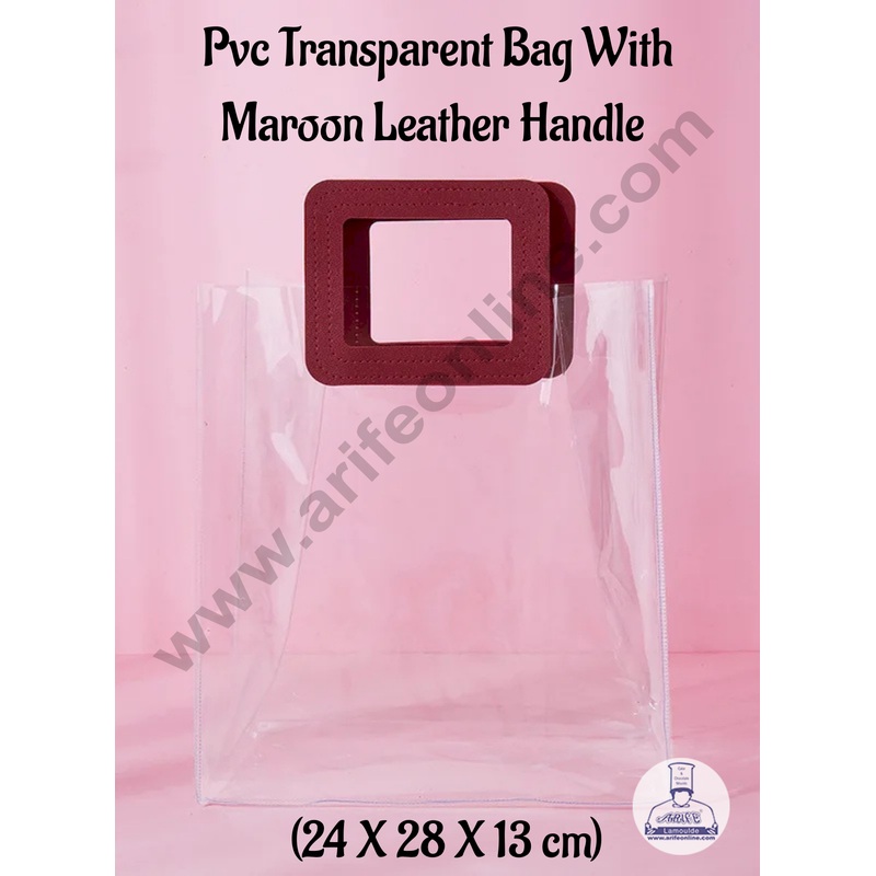 1 Piece Transparent Bag with Maroon Leather Handle (24 X 28 X 13 cm) | Gift Box | Gift Bag with Handle - CAKE DECOR