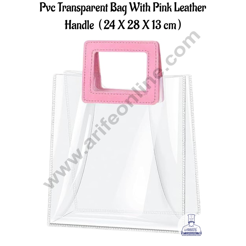 1 Piece Transparent Bag with Pink Leather Handle (24 X 28 X 13 cm) | Gift Box | Gift Bag with Handle - CAKE DECOR