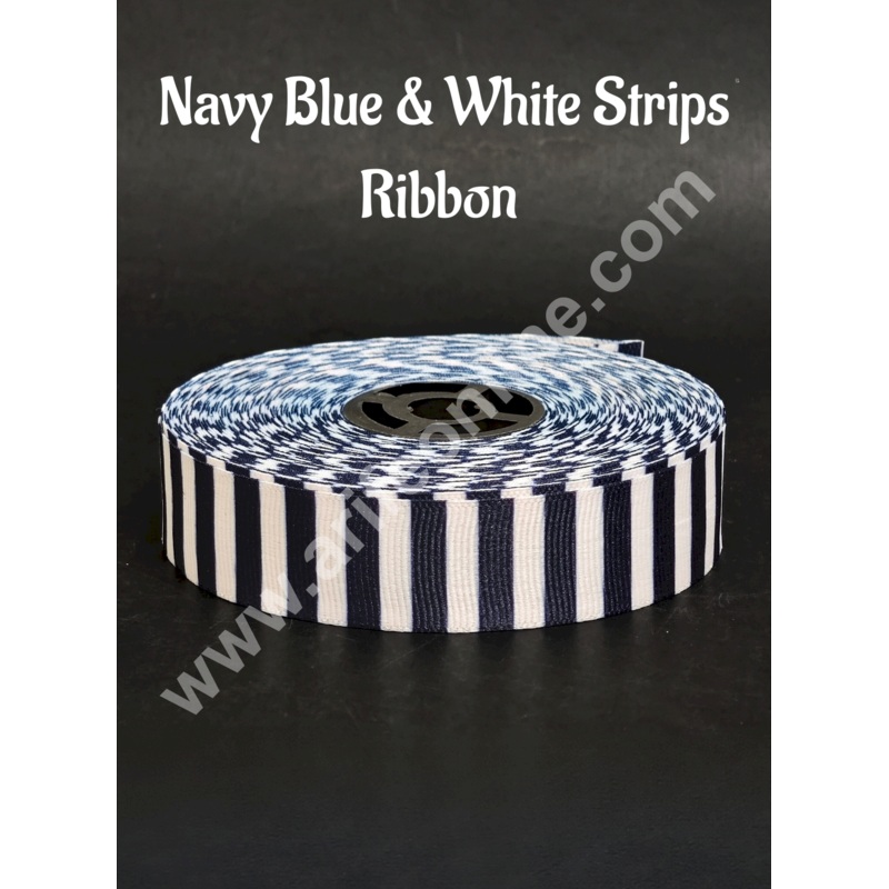 1 Roll Navy Blue & White Stripes Ribbon | Gift Wrapping | Decoration - CAKE DECOR