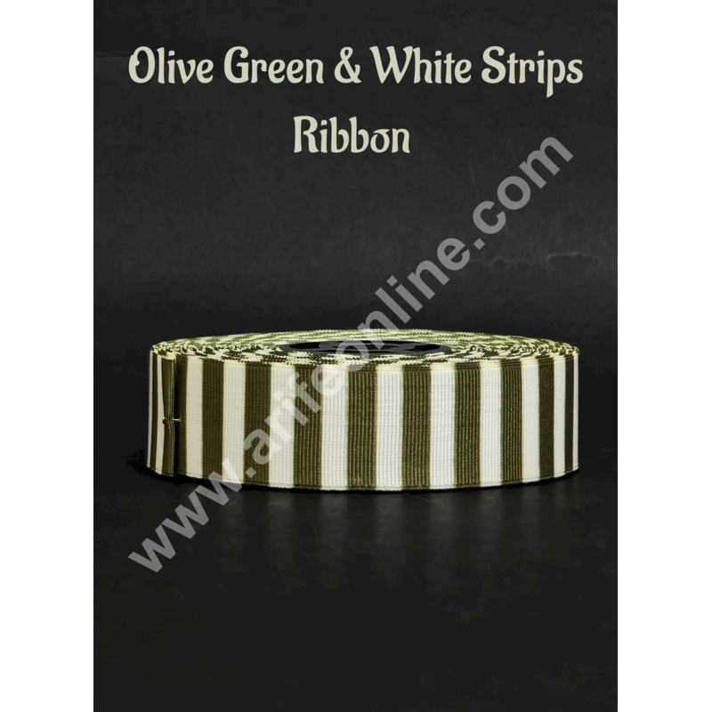 1 Roll Olive Green & White Stripes Ribbon | Gift Wrapping | Decoration - CAKE DECOR