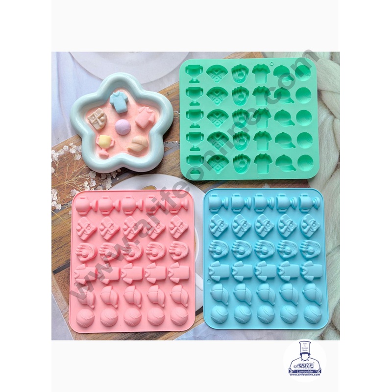 30 Cavity Soccer Game with Mini Ball, Trophy, Cap And Gloves Shape Silicon Mould | Make Up Products Silicone Mould - CAKE DECOR