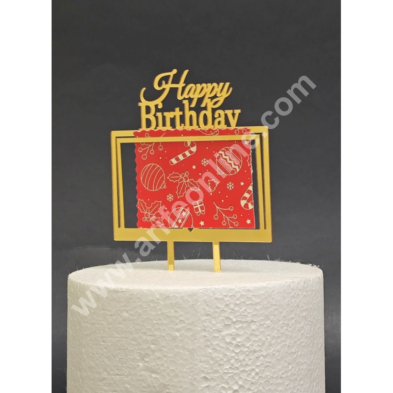 5 inch Gold Rectangle Acrylic Photo Frame Happy Birthday Cutout Cake Topper | Photo Holder - CAKE DECOR