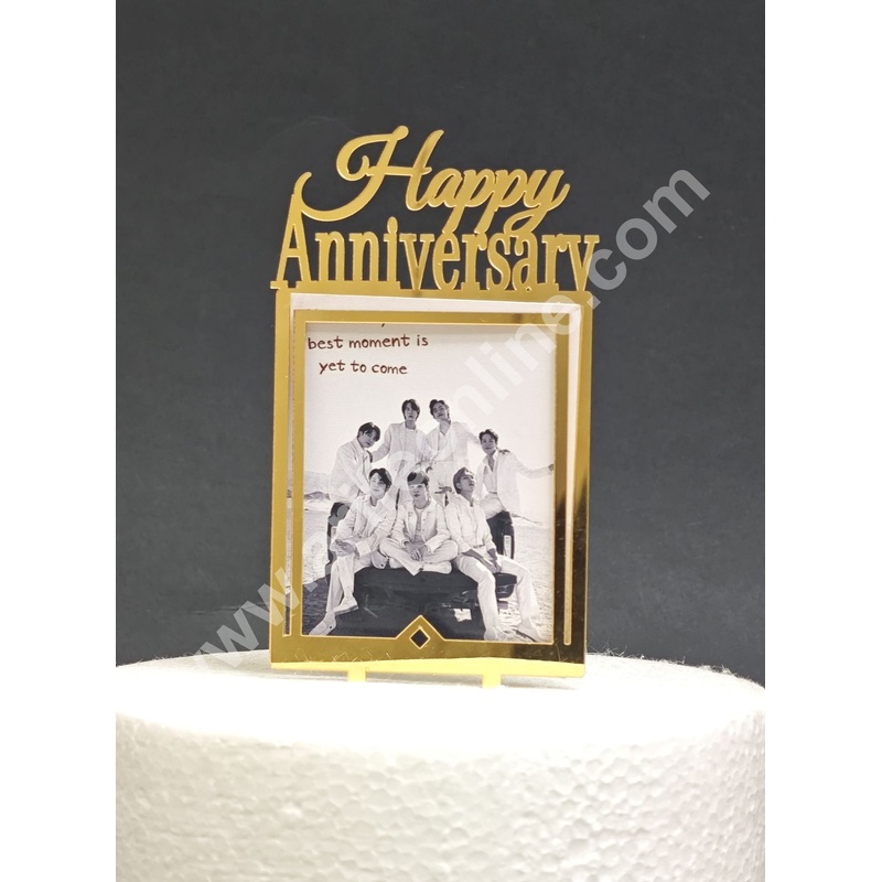 5 inch Gold Square Acrylic Photo Frame Happy Anniversary  Cutout Cake Topper | Photo Holder - CAKE DECOR