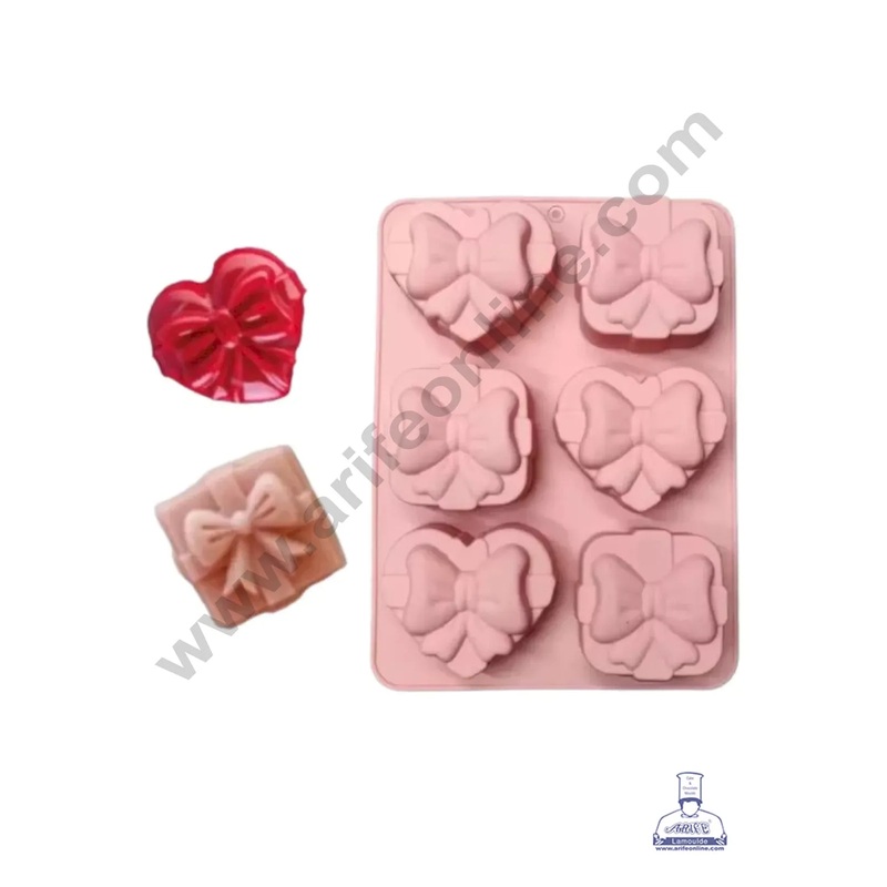 6 Cavity Heart & Bow Design Muffin Mould Chocolate Silicon Mould - CAKE DECOR
