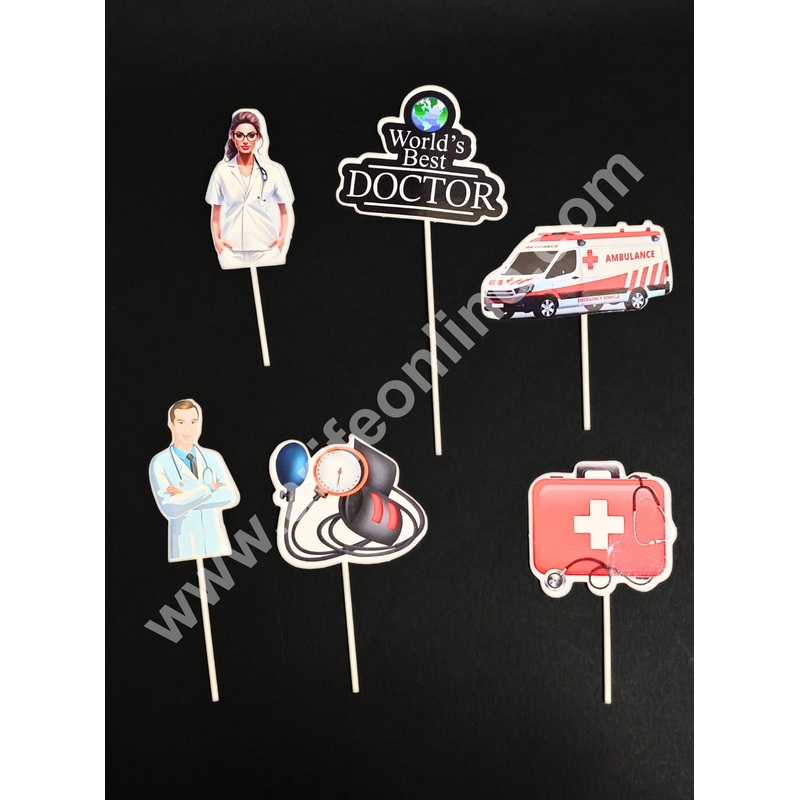 6 Pc Doctor Theme Paper Topper For Cake And Cupcake | World Best Doctor Paper Topper - Cake Decor