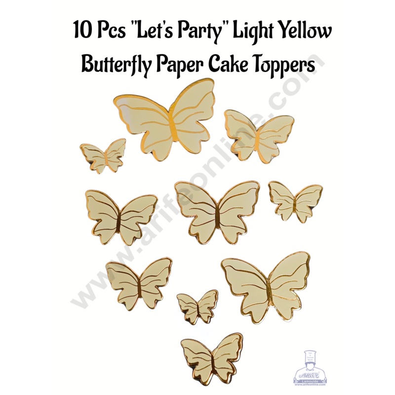 CAKE DECOR 10 Pcs "Let's Party" Light Yellow Butterfly Paper Cake Toppers | Cupcake Decorations