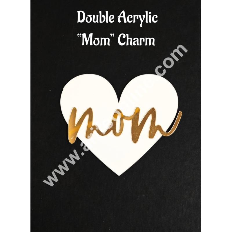 Double Acrylic MOM Charm with White Heart | Gold & White Acrylic Mom Topper