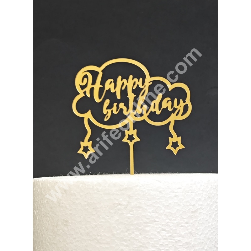 Gold Acrylic Finishing Cake Topper Happy Birthday With Clouds and Stars Cake Topper - Cake Decor