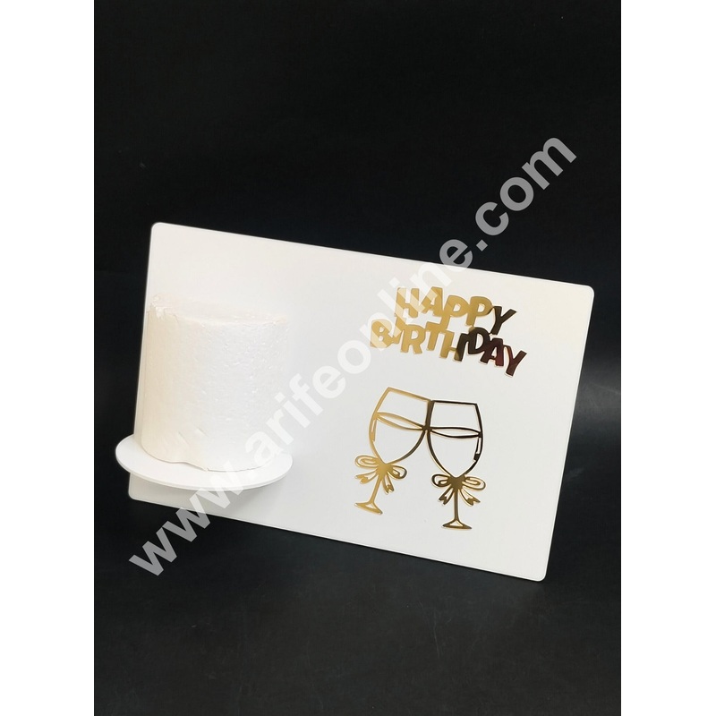 Happy Birthday Acrylic Cake Frame With Two Glasses | White Detachable Cake Display Stand| Elegant Cake Presentation Board - CAKE DECOR