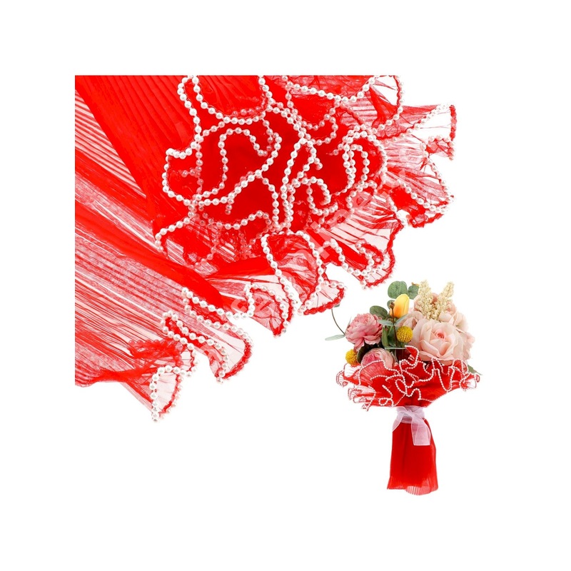 Red Flower Wrapping Mesh | Pearl Edge Wrinkled Wavy Net Flower Wrapping Bouquet Paper