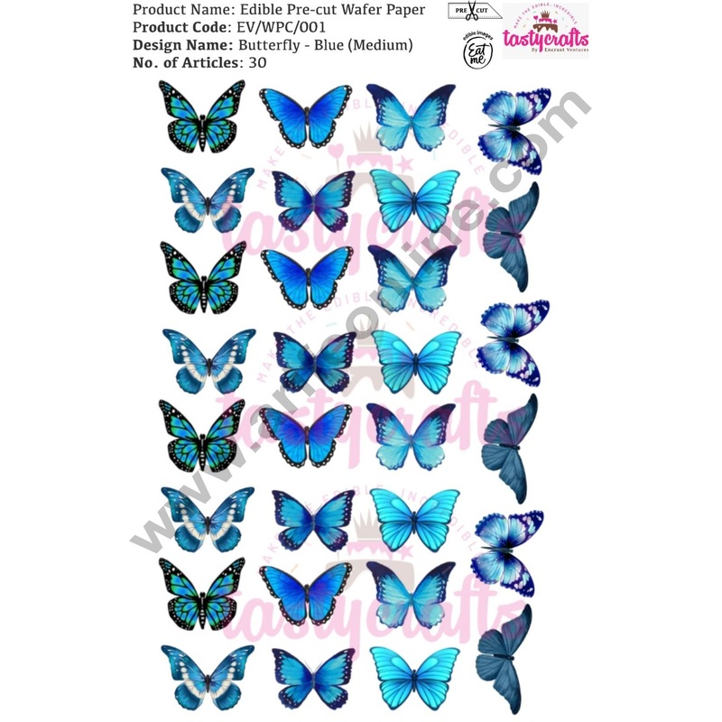 Cake Decor Edible Pre Cut Wafer Paper - Butterfly Blue Cake Topper- Medium (Set of 30 pcs)