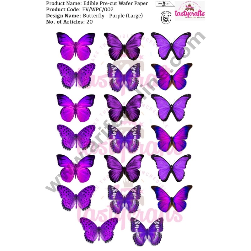 Cake Decor Edible Pre Cut Wafer Paper - Butterfly Purple Cake Topper- Large (Set of 20 pcs)