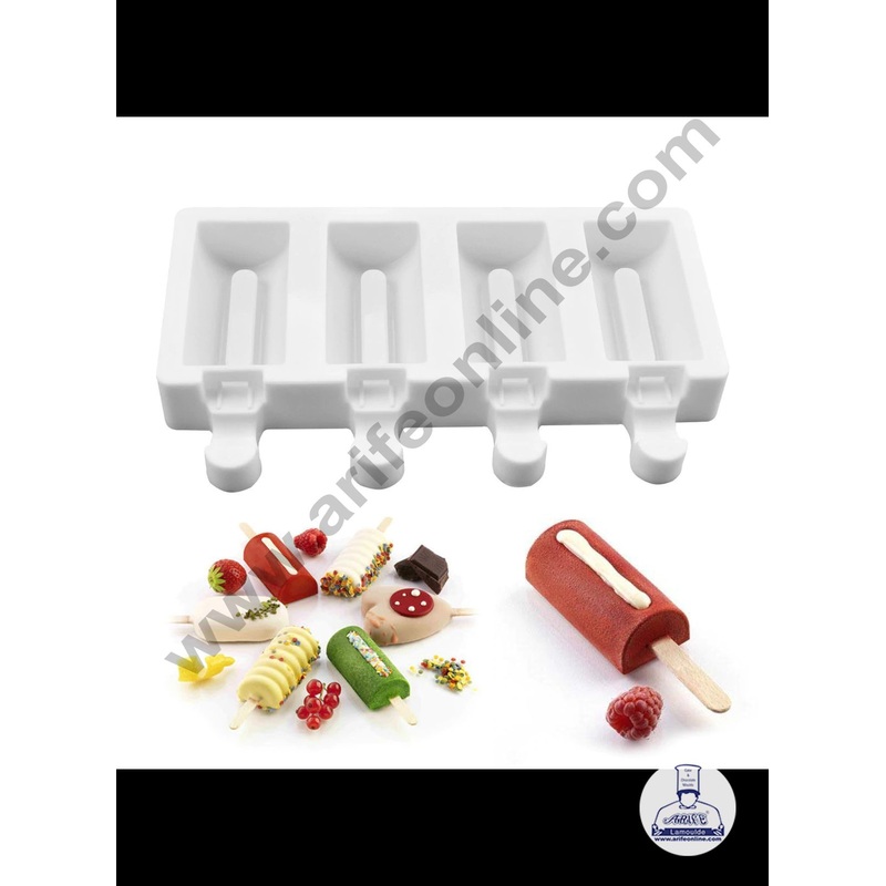 Cake Decor 4 Cavity White Classic Silicone Rounded with Groove Cakesicle Mold Popsicle Easy Ice Cream Bar Mold