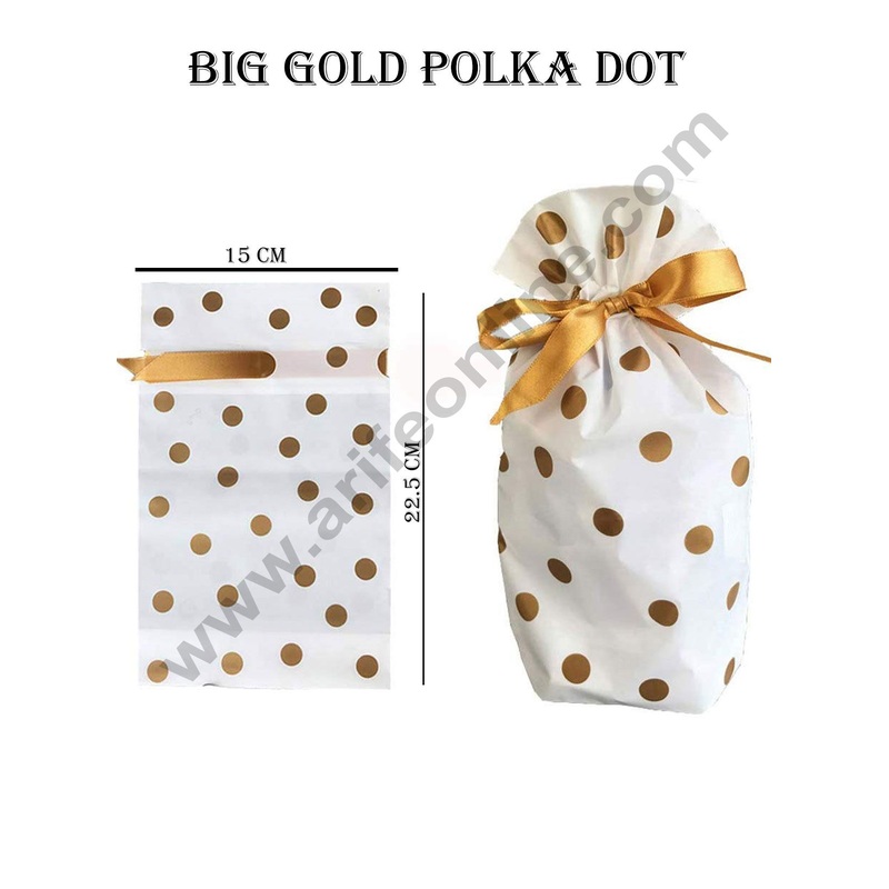 Cake Decor Big Golden Polka Dot Plastic Drawstring Bag Treat With Ribbon Cookie Snack Candy Birthday Party and Gift (Pack of 10)