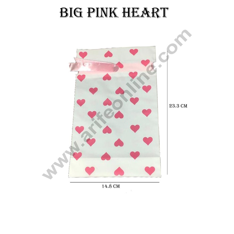 Cake Decor Big Pink Heart Plastic Drawstring Bag Treat With Ribbon Cookie Snack Candy Birthday Party and Gift (Pack of 10)