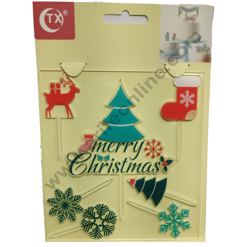 Cake Decor Mirror with Printed Finshing Acrylic Cake Topper Merry Christmas 1 Cake & 6 Cupcake Topper Set