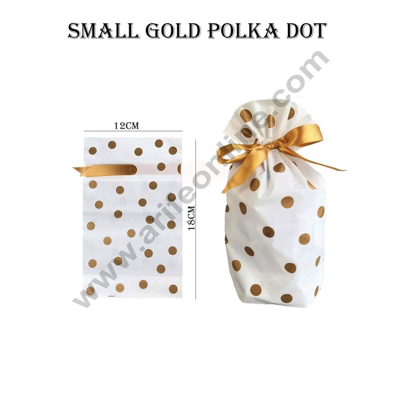 Cake Decor Small Golden Polka Dot Plastic Drawstring Bag Treat With Ribbon Cookie Snack Candy Birthday Party and Gift (Pack of 10)