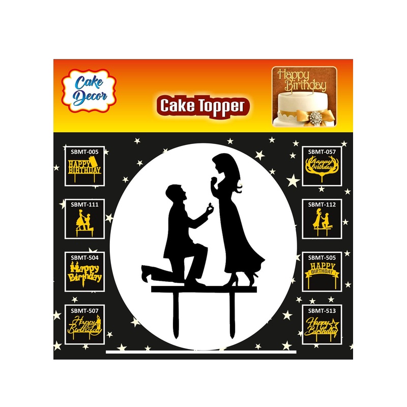 Cake Decor Mirror Finishing Acrylic Black Cake Topper Proposing Couples with Ring