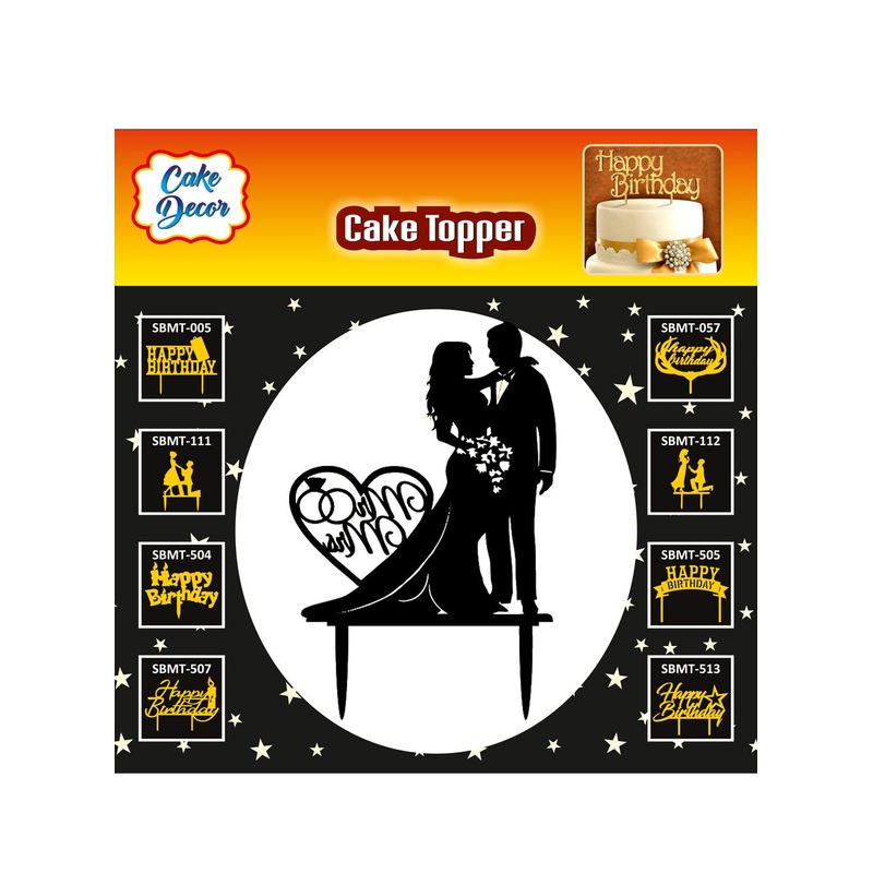 Cake Decor Mirror Shimmer Shining Acrylic Cake Topper Black Heart Mr. and Mrs. with Couple