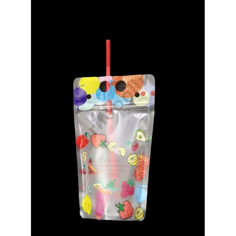 Cake Decor Big Plastics Printed Juice Pouch With Zipper And Handle With Straw Random Color(Pack of 12)