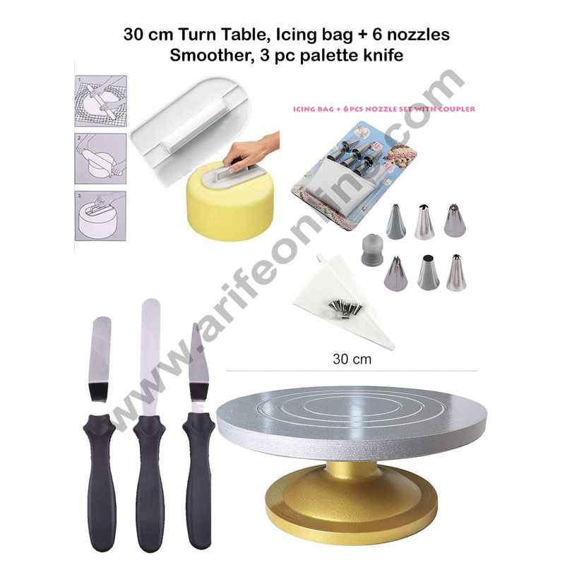 Cake Decor Combo - Turn Table 12 inch, Icing bag with 6 pcs Nozzle Set, 3 pc Palette Knife, Cake Smoother