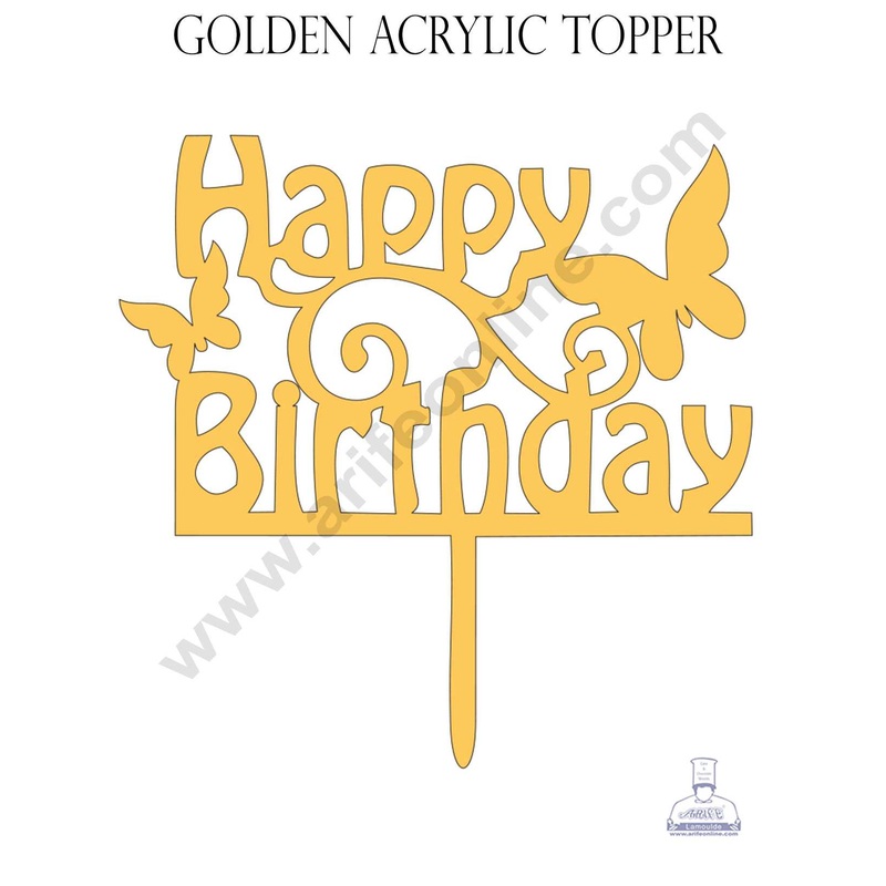 CAKE DECOR Golden Acrylic Cake Topper  Happy Birthday with Butterfly (SBMT-809)