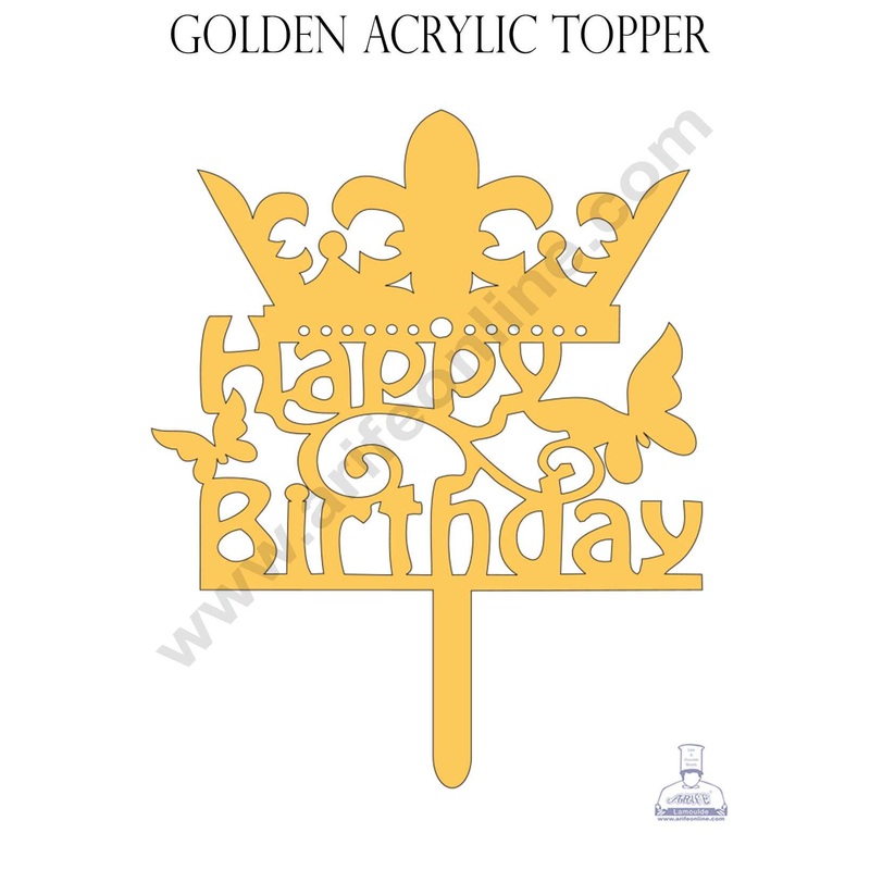 CAKE DECOR Golden Acrylic Cake Topper - Happy Birthday with Crown Butterfly ( SBMT-817 )