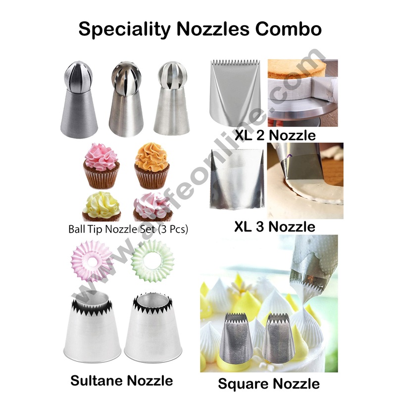 Cake Decor Nozzle Set Combo - Square Nozzles, XL1 Nozzle, XL2 Nozzle, Ball Tip Nozzle 3pcs Set, Sultane Nozzles