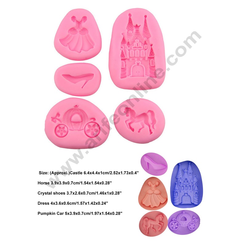 Cake Decor 5 Cavity Silicon Castle Horse Crystal shoes Dress Pumpkin Car Fairy Fondant Marzipan Mould