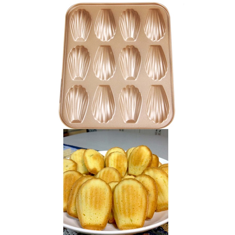 Cake Decor Nonstick Madeleine Baking Pan, 12-Cavity Shell Shaped Pan (Gold)