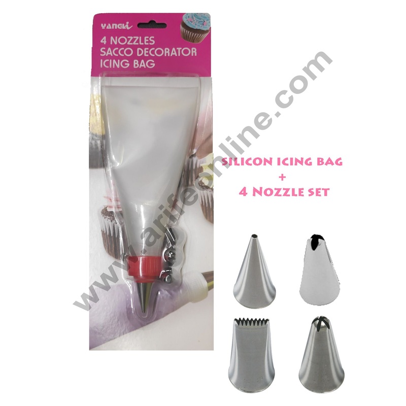 Cake Decor Silicon Decorating Icing Bag with 4-Piece Nozzles Set Stainless Steel Piping Nozzle. Reusable & Washable.