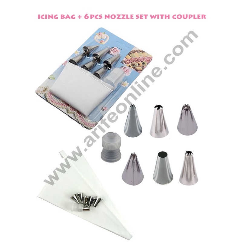 Cake Decor Stainless Steel Icing Nozzles Cake Piping Bag with 1 Coupler for Decorating Cupcake Pastry Desserts Set of 6 Assorted.(Icing Bag 6 Nozzle with Coupler)