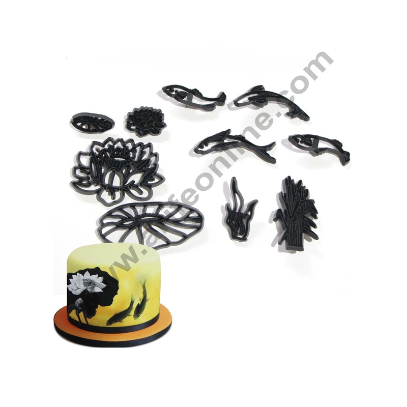 Cake Decor 10Pcs/Set Lotus Pond Theme Silhouette Cookie Cutter Plastic Fondant Biscuit Cutter Sugarcraft Cake Decorating Tools