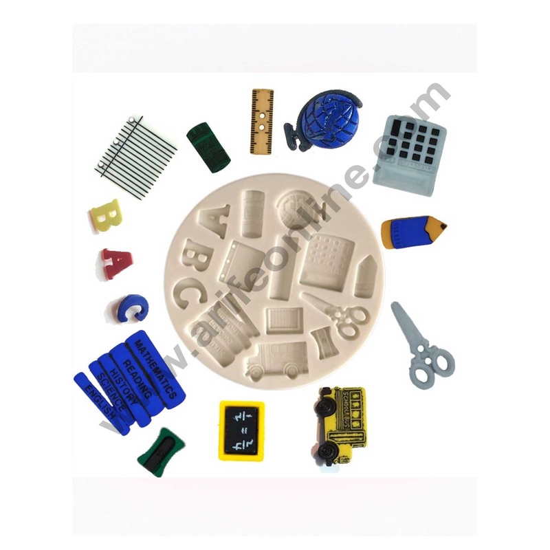 Cake Decor Silicon 14 Cavity School Bus Globe Scale Calculator Pencil Sharpener Books Silicone Fondant Mould Marzipan Mould