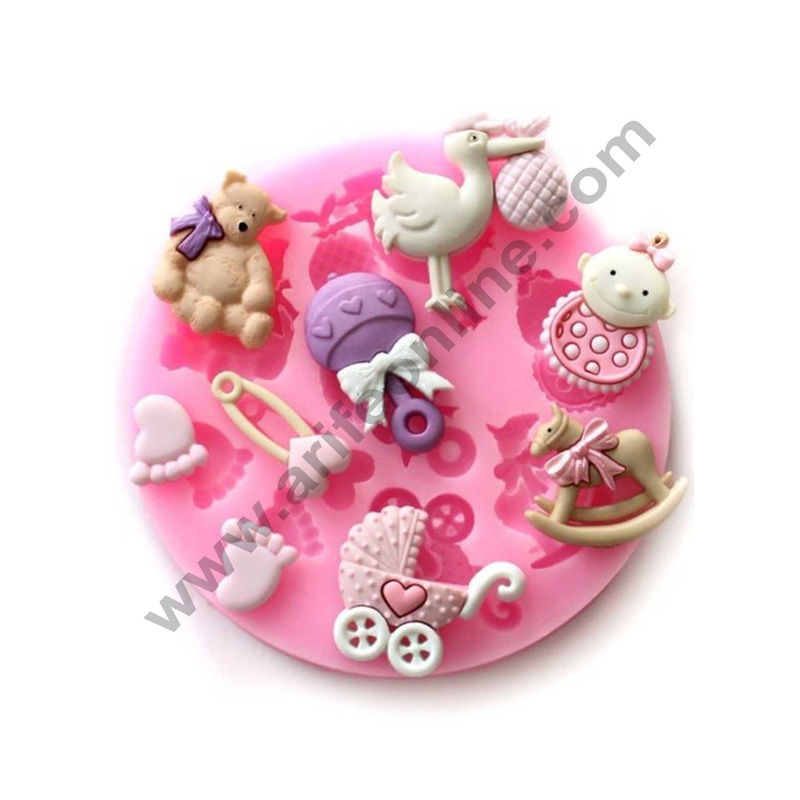 Cake Decor Silicon 9 Cavity Baby Feet Pins Teddy Bear Baby Stroller Bird Horse Cart Silicone Fondant Mould Marzipan Mould