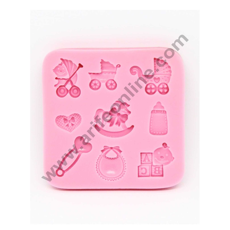 Cake Decor Silicon 9 Cavity Baby Shower  Different Baby Strollers Bottle Bibs Heart Pin  Cart Silicone Fondant Mould Marzipan Mould