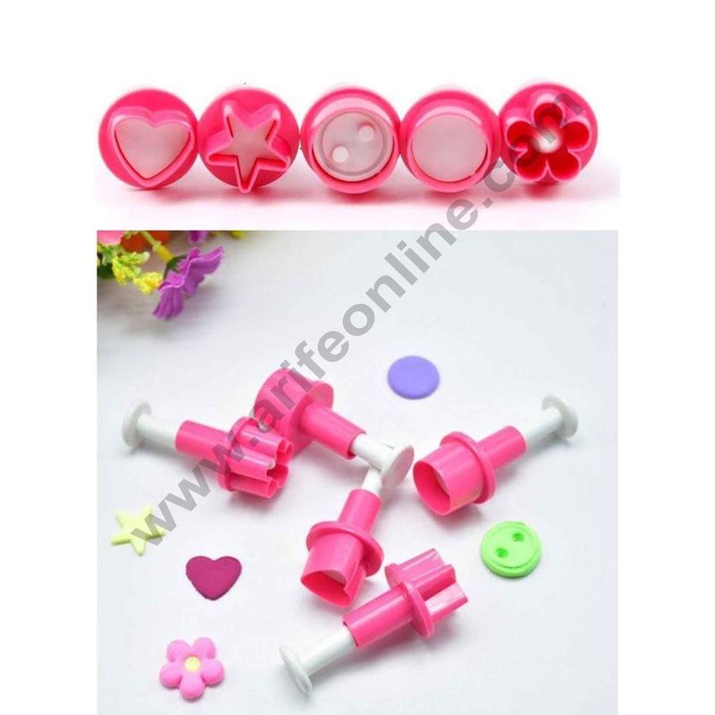 Cake Decor 5Pcs Impression Pop-out Plunger Cutters Button Heart Star Circle Plum Flower